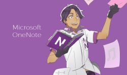 Rule 34 | 1boy, black gloves, cioccolatodorima, copyright name, dark-skinned male, dark skin, gloves, male focus, microsoft office, microsoft onenote, open mouth, papers, personification, purple background, purple eyes, purple hair, short sleeves, simple background, smile, solo, upper body