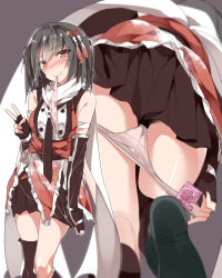 Rule 34 | &gt;:), 10s, 1girl, black skirt, black thighhighs, blush, bow, bow panties, brown eyes, check commentary, commentary request, condom, condom wrapper, elbow gloves, eyebrows, from below, gloves, hair ornament, highres, kantai collection, looking at viewer, mouth hold, mtu (orewamuzituda), multiple views, neckerchief, night battle idiot, panties, panty pull, pink panties, remodel (kantai collection), scarf, school uniform, sendai (kancolle), serafuku, short hair, single thighhigh, skirt, skirt tug, smile, thighhighs, two side up, underwear, unworn panties, v, v-shaped eyebrows, white scarf