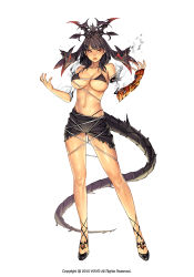 Rule 34 | 1girl, bare shoulders, bikini, black bikini, black hair, breasts, cleavage, detached arm, dragon tail, covered erect nipples, female focus, full body, gauntlets, monster girl, navel, original, red eyes, simple background, skirt, solo, swimsuit, tail, white background, yohan12