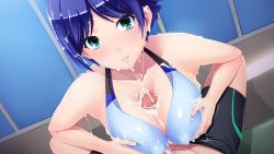 Rule 34 | 1girl, bare shoulders, bikini, blue hair, blush, breasts squeezed together, breasts, bukkake, censored, cleavage, covered erect nipples, cum, cum on body, cum on breasts, cum on hair, cum on upper body, facial, game cg, green eyes, hitozuma swimming club, ino (magloid), interheart, large breasts, looking at viewer, mosaic censoring, paizuri, paizuri under clothes, penis, shiomiya shiho, short hair, solo focus, swimsuit