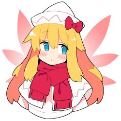 Rule 34 | 1girl, blonde hair, blue eyes, blush, capelet, closed mouth, cropped arms, cropped torso, dress, fairy, fairy wings, hair between eyes, hat, ini (inunabe00), lily white, long hair, red scarf, scarf, simple background, solo, touhou, upper body, white background, white capelet, white dress, white hat, wings