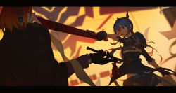 Rule 34 | 1boy, 1girl, absurdres, arknights, black gloves, blue hair, breasts, ch&#039;en (arknights), commentary request, dragon horns, ear piercing, earrings, fang, formal, from side, furry, furry male, gloves, grey gloves, hair between eyes, highres, holding, holding sword, holding weapon, hood, hood down, hooded jacket, horns, jacket, jewelry, jiachong jun z, letterboxed, long hair, looking at another, open mouth, piercing, red eyes, sidelocks, sleeves rolled up, suit, sword, talking, teeth, upper body, weapon, wei yenwu