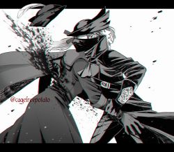 Rule 34 | 1boy, 1girl, blood, blood splatter, blood spray, bloodborne, cagefreepotato, cape, clenched hand, cloak, coat, gloves, greyscale, hat, hat feather, highres, hunter (bloodborne), lady maria of the astral clocktower, letterboxed, long hair, mask, monochrome, mouth mask, ponytail, simple background, tricorne