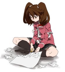 Rule 34 | black skirt, black socks, brown eyes, brown hair, commentary request, highres, indian style, japanese clothes, kantai collection, kariginu, kneehighs, magatama, no headwear, no shoes, paper, pleated skirt, ryuujou (kancolle), scissors, shikigami, sitting, skirt, socks, solo, tanabe (fueisei), twintails, white background