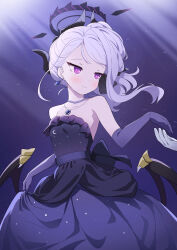 Rule 34 | 1girl, 1other, absurdres, black horns, black wings, blue archive, blush, breasts, closed mouth, collarbone, demon horns, demon wings, dress, elbow gloves, gloves, grey hair, halo, highres, hina (blue archive), hina (dress) (blue archive), horns, jewelry, kittenlochen, long hair, multiple horns, necklace, official alternate costume, official alternate hairstyle, pendant, purple dress, purple eyes, purple gloves, small breasts, smile, strapless, strapless dress, wings