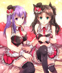 Rule 34 | 2girls, :o, alternate costume, apron, black hair, black legwear, black ribbon, blue eyes, blurry, bow, breasts, closed mouth, crop top, depth of field, eyebrows, fate/grand order, fate/stay night, fate (series), frilled apron, frilled legwear, frilled skirt, frills, furrowed brow, glowing, hair ribbon, hat, hat bow, heart, highres, iroha (shiki), lace, large breasts, light particles, long hair, looking at viewer, matching outfits, matou sakura, midriff, mini hat, mini top hat, miniskirt, multiple girls, navel, necktie, on bed, petals, pout, purple eyes, purple hair, red bow, red necktie, red skirt, revision, ribbon, short necktie, siblings, sisters, sitting, skirt, sleeveless, stomach, striped, thighhighs, tohsaka rin, top hat, two side up, vertical stripes, waist apron, wrist cuffs, yellow background, zettai ryouiki