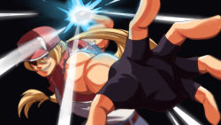 Rule 34 | 1boy, baseball cap, blonde hair, blue eyes, denim, fatal fury, fingerless gloves, gloves, hat, highres, incoming attack, jacket, jeans, long hair, looking at viewer, male focus, meme, muscular, nintendo, pants, ponytail, smile, solo, super smash bros., terry bogard, the king of fighters, tina fate, vest