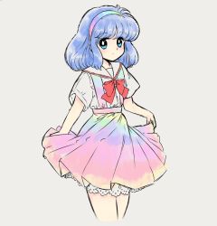 Rule 34 | 1980s (style), 1girl, adapted costume, alternate costume, bad id, bad twitter id, blue eyes, bow, bowtie, closed mouth, commentary request, cropped legs, frilled skirt, frills, hairband, happy, highres, looking at viewer, multicolored clothes, multicolored hairband, multicolored skirt, oldschool, one-hour drawing challenge, rainbow gradient, red bow, red bowtie, retro artstyle, sailor collar, shirt, short hair, short sleeves, simple background, skirt, skirt hold, smile, solo, suspender skirt, suspenders, takemoto izumi (style), tenkyuu chimata, touhou, white background, white sailor collar, white shirt, yatyou