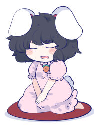 Rule 34 | 1girl, animal ears, barefoot, black hair, chahan (fried rice0614), chibi, closed eyes, dress, drooling, highres, inaba tewi, mouth drool, one-hour drawing challenge, pink dress, rabbit ears, rabbit tail, simple background, sitting, sleeping, solo, tail, touhou, v arms, wariza, white background
