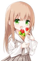 Rule 34 | 1girl, :d, blush, brown hair, crepe, dress, eating, food, fruit, green eyes, grey dress, hair between eyes, holding, holding food, long hair, long sleeves, looking at viewer, open mouth, original, pleated dress, sailor collar, shirt, sleeveless, sleeveless dress, smile, solo, strawberry, very long hair, waka (yuuhagi (amaretto-no-natsu)), white background, white sailor collar, white shirt, yuuhagi (amaretto-no-natsu)
