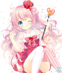 Rule 34 | 1girl, ;p, animal ears, aono ribbon, asymmetrical legwear, bare shoulders, bear ears, blue eyes, blush, bow, breasts, closed mouth, commentary request, detached sleeves, dress, dutch angle, fingernails, food, frills, fruit, hands up, heart, holding, holding wand, long hair, looking at viewer, medium breasts, mismatched legwear, one eye closed, original, pink bow, pink hair, pink legwear, polka dot, polka dot dress, puffy short sleeves, puffy sleeves, red dress, short sleeves, smile, solo, sparkle, strawberry, striped clothes, striped legwear, striped thighhighs, thighhighs, tongue, tongue out, vertical-striped clothes, vertical-striped legwear, vertical-striped thighhighs, very long hair, wand, white legwear