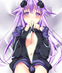 Rule 34 | 10s, 1girl, adult neptune, blush, breasts squeezed together, breasts, cleavage, cross hair ornament, d-pad, female focus, hair ornament, hood, hoodie, large breasts, long hair, looking at viewer, minagi, naked hoodie, naked sweater, navel, neptune (neptunia), neptune (series), open clothes, petite, purple eyes, purple hair, shin jigen game neptune vii, solo, sweater, tareme, undressing, zipper