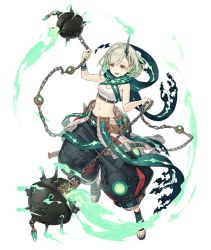Rule 34 | 1girl, :d, bracelet, breasts, chain, explosive, fire, full body, green hair, horns, jewelry, ji no, little match girl (sinoalice), looking at viewer, midriff, mine (weapon), navel, official art, open mouth, red eyes, sandals, scarf, short hair, single horn, sinoalice, small breasts, smile, solo, teeth, transparent background, upper teeth only