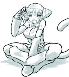 Rule 34 | 1girl, animal ears, animal hood, blush, breasts, breath of fire, cat ears, cat girl, cat hood, dr.p, female focus, full body, gloves, hood, large breasts, lin (breath of fire), lowres, monochrome, short hair, solo, tail, thighhighs, white background