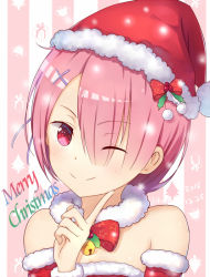 Rule 34 | 1girl, alternate costume, bell, christmas, commentary, dated, detached sleeves, dot nose, english commentary, english text, eyes visible through hair, face, finger to face, fluff, hair ornament, hair over one eye, hairclip, hat, neck bell, pink hair, ram (re:zero), re:zero kara hajimeru isekai seikatsu, red eyes, red hat, red ribbon, ribbon, santa hat, short hair, signature, smile, solo, star (symbol), viikcy, viiker zhu, white neckwear, x hair ornament