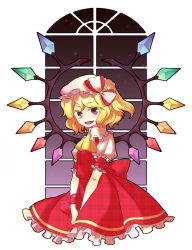 Rule 34 | 1girl, arm ribbon, bad id, bad pixiv id, blonde hair, bow, colored eyelashes, eyelashes, fang, female focus, flandre scarlet, fuyu kitsune, hair bow, hat, large bow, mob cap, no legs, no nose, open mouth, plaid, red eyes, ribbon, short hair, side ponytail, simple background, smile, solo, touhou, v arms, window, wings