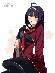 Rule 34 | 1girl, ahoge, arm support, black gloves, black hair, black pantyhose, blush, cherry blossoms, dated, doushi tatsu to dekkai no, finger to mouth, gloves, hairband, highres, kantai collection, legs, long hair, looking at viewer, muneate, open mouth, pantyhose, partially fingerless gloves, red eyes, ryuuhou (kancolle), skirt, solo, taigei (kancolle), thighs, twitter username