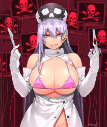 Rule 34 | 1girl, bare shoulders, bikini, breasts, breasts out, crack, cropped, dated, eyes visible through hair, eyeshadow, gloves, grin, hair between eyes, happa (cloverppd), hat, heart, highres, holding, large breasts, light purple hair, long hair, makeup, nurse, nurse cap, original, parted lips, pink bikini, pink lips, purple hair, red eyes, red eyeshadow, scalpel, sharp teeth, shiny skin, signature, skull, smile, solo, swimsuit, teeth, television, white gloves, white hat, wire