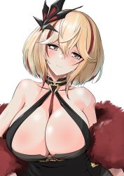 Rule 34 | 1girl, absurdres, azur lane, bare shoulders, black choker, black dress, blonde hair, blush, breasts, choker, cleavage, collarbone, dress, feather boa, grey eyes, head tilt, highres, huge breasts, looking at viewer, multicolored hair, p.i.t.d, red hair, roon (azur lane), roon (viridescent lullaby) (azur lane), short hair, smile, solo, streaked hair, two-tone hair, upper body