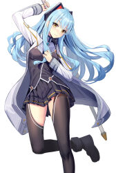 Rule 34 | 1girl, ao no kiseki, black footwear, black skirt, black thighhighs, blue hair, closed mouth, coat, eiyuu densetsu, floating hair, hand up, highres, holding, holding weapon, long hair, long sleeves, looking at viewer, ririko (zhuoyandesailaer), sidelocks, simple background, skirt, smile, solo, standing, standing on one leg, thighhighs, tio plato, weapon, white background, white coat, yellow eyes, zero no kiseki