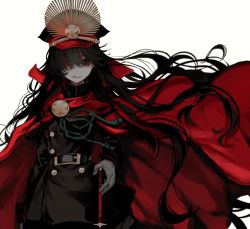 Rule 34 | 1girl, belt, belt buckle, black belt, black hair, black hat, black jacket, black pants, brooch, buckle, buttons, cape, commentary request, cowboy shot, crest, double-breasted, evil grin, evil smile, family crest, fate/grand order, fate (series), gloves, gold trim, grin, hat, highres, jacket, jewelry, koha-ace, long hair, looking at viewer, military, military hat, military jacket, military uniform, narue, oda nobunaga (fate), oda nobunaga (koha-ace), oda uri, pants, partial commentary, peaked cap, red cape, shaded face, sheath, sheathed, smile, solo, sword, uniform, very long hair, weapon, white gloves