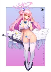 Rule 34 | 1girl, angel wings, blue archive, blush, bra, breasts, capelet, cleavage, feathered wings, finger gun, full body, groin, hair bun, head tilt, high heels, highres, large breasts, looking at viewer, mika (blue archive), navel, notte, panties, pink eyes, pink hair, scrunchie, simple background, single side bun, smile, solo, stomach, thighhighs, underwear, underwear only, white bra, white capelet, white panties, white thighhighs, white wings, wings, wrist scrunchie