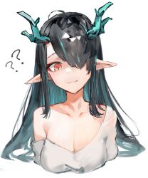 Rule 34 | 1girl, ?, arknights, bare shoulders, black hair, breasts, cleavage, cropped torso, dragon girl, dragon horns, dusk (arknights), gnai, green horns, hair over one eye, head tilt, highres, horns, large breasts, long hair, looking at viewer, multicolored hair, off shoulder, pointy ears, red eyes, shirt, solo, streaked hair, white background, white shirt