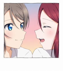 Rule 34 | 2girls, absurdres, blue eyes, closed eyes, closed mouth, grey hair, hair between eyes, highres, looking at another, love live!, love live! sunshine!!, multiple girls, open mouth, portrait, profile, red hair, sakurauchi riko, short hair, simple background, smile, watanabe you, white background, yuchi (salmon-1000)