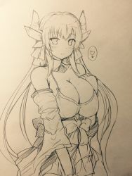 Rule 34 | 1girl, bare shoulders, bow, breasts, cleavage, detached sleeves, fate/grand order, fate (series), graphite (medium), highres, horns, kiyohime (fate), large breasts, long hair, monochrome, naoyama masaru, sketch, solo, traditional media
