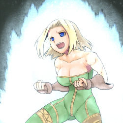 Rule 34 | 1girl, aura, bare shoulders, blonde hair, blue eyes, bodysuit, breasts, cleavage, female focus, final fantasy, final fantasy tactics, fingerless gloves, gloves, large breasts, monk, monk (fft), open mouth, powering up, revision, short hair, solo, tsukudani (coke-buta), unitard