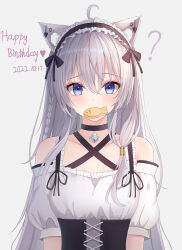 Rule 34 | 1girl, 2022, ?, absurdres, ahoge, alternate costume, animal ear fluff, animal ears, bell, black choker, black corset, black ribbon, blue eyes, blush, braid, breasts, cat ears, cc lin, chinese commentary, choker, cleavage cutout, clothing cutout, commentary request, cookie, corset, crossed bangs, dated, dress, ear piercing, elaina (majo no tabitabi), enmaided, eyelashes, fish, food, food in mouth, frilled dress, frills, furrowed brow, grey hair, hair between eyes, hair ornament, hair ribbon, happy birthday, heart, heart hair ornament, highres, long hair, looking at viewer, maid, maid headdress, majo no tabitabi, mixed-language commentary, neck bell, piercing, puffy short sleeves, puffy sleeves, ribbon, short sleeves, simple background, single braid, small breasts, solo, straight-on, upper body, very long hair, white background, white dress