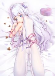 Rule 34 | + +, 1girl, absurdres, ankle ribbon, arm ribbon, ass, azur lane, bare shoulders, bed, bed sheet, blue eyes, bow, box, breasts, candy, chinese commentary, chocolate, chocolate heart, commentary request, double bun, feet, finger to mouth, food, gradient hair, hair bow, hair bun, heart, heart-shaped box, highres, kanon (sinto), lavender bow, le malin (azur lane), leg ribbon, long hair, looking at viewer, lying, multicolored hair, no shoes, on bed, on stomach, pantyhose, pink ribbon, purple ribbon, pursed lips, ribbon, sidelocks, silver hair, small breasts, solo, white pantyhose