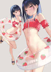 Rule 34 | 1girl, artistic error, bare shoulders, bikini, black hair, blunt bangs, bottomless, bracelet, breasts, closed mouth, convenient censoring, detached sleeves, food-themed hair ornament, hair ornament, hairclip, high heels, highres, ichigo-chan (mignon), innertube, jewelry, looking at viewer, medium hair, mignon, navel, off-shoulder bikini, off shoulder, original, polka dot, polka dot bikini, red bikini, red eyes, sandals, scrunchie, shiny skin, shoe dangle, short sleeves, small breasts, smile, solo, standing, standing on one leg, strawberry hair ornament, swim ring, swimsuit, tongue, tongue out, v, wedge heels, wet, wrist scrunchie, wrong foot