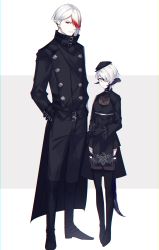 Rule 34 | 1boy, 1girl, absurdres, asymmetrical hair, au ra, belt, black coat, black dress, black footwear, black gloves, black headwear, black pants, black thighhighs, boots, breasts, child, coat, dragon horns, dragon tail, dress, earclip, elezen, elf, eyelashes, facial mark, feather-trimmed sleeves, feather trim, final fantasy, final fantasy xiv, fishnets, forehead mark, frown, full body, gloves, grey hair, hair over one eye, hands in pockets, hat, height difference, highres, horns, knee boots, long sleeves, looking at viewer, motsuni (lxxe1120), multicolored hair, multiple belts, one eye covered, own hands together, pants, pants tucked in, pointy ears, purple eyes, red eyes, red hair, scales, shoes, short hair, standing, streaked hair, tail, thigh boots, thighhighs, turtleneck, warrior of light (ff14), white background