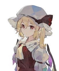 Rule 34 | 1girl, ascot, blonde hair, closed mouth, crystal, flandre scarlet, hair between eyes, hat, hat ribbon, medium hair, mob cap, one side up, red eyes, red ribbon, red skirt, red vest, ribbon, shihou (g-o-s), shirt, short sleeves, simple background, skirt, solo, touhou, upper body, vest, white background, white hat, white shirt, wings, yellow ascot