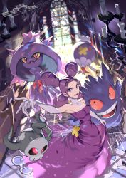 Rule 34 | 1girl, arm up, artist name, breasts, candle, cleavage, clothes lift, creatures (company), dress, dress lift, drifblim, duskull, e volution, elbow gloves, eyelashes, fantina (pokemon), game freak, gen 1 pokemon, gen 3 pokemon, gen 4 pokemon, gengar, gloves, indoors, lifting own clothes, long dress, looking at viewer, mismagius, nintendo, open mouth, pokemon, pokemon (creature), pokemon dppt, purple dress, purple eyes, purple hair, quad tails, smile, stained glass, standing, teeth, tongue