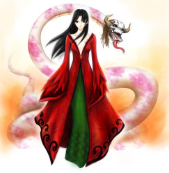 Rule 34 | 1girl, alternate costume, black hair, boa hancock, cloak, dress, fangs, female focus, full body, green dress, highres, long hair, looking at viewer, one piece, pirate, red cloak, salome (one piece), simple background, skull, smile, snake, solo, standing