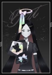 Rule 34 | 1other, androgynous, belt, black eyes, black gloves, black hair, bort, bouquet, character name, closed mouth, collared shirt, colored inner hair, colored skin, elbow gloves, flower, framed, gem uniform (houseki no kuni), gloves, halo, highres, holding, holding bouquet, houseki no kuni, lace, lace ribbon, long hair, looking at viewer, minjye, multicolored hair, necktie, other focus, puffy short sleeves, puffy sleeves, red hair, ribbon, serious, shirt, short sleeves, solo, straight-on, straight hair, stuffed animal, stuffed toy, teddy bear, two-tone hair, v-shaped eyebrows, very long hair, white belt, white shirt, white skin
