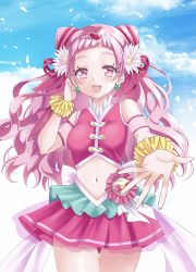 Rule 34 | 1girl, back bow, blue sky, bow, breasts, cloud, cloudy sky, clover earrings, cone hair bun, cowboy shot, cure yell, day, flower, hair bun, hair flower, hair ornament, heart, heart hair ornament, heart pouch, highres, hugtto! precure, long hair, looking at viewer, navel, nono hana, okayashi, open mouth, outdoors, pink eyes, pink hair, pink shirt, pink skirt, precure, scrunchie, see-through, see-through sleeves, shirt, short sleeves, skirt, sky, small breasts, smile, solo, thick eyelashes