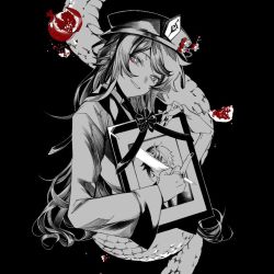 Rule 34 | 1girl, black background, cropped torso, eyeshadow, flower, flower-shaped pupils, food, fruit, genshin impact, greyscale, hat, holding, holding drawing, hu tao (genshin impact), iei, jewelry, lebruitestmoi, long hair, long sleeves, looking at viewer, makeup, middle finger, monochrome, multiple rings, nail polish, picture frame, plum blossoms, pomegranate, red flower, ring, simple background, snake, spot color, symbol-shaped pupils, upper body, wide sleeves, zhongli (genshin impact)