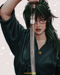 Rule 34 | 1girl, breasts, different reflection, glasses, high ponytail, highres, holding, holding sword, holding weapon, japanese clothes, jujutsu kaisen, katana, kimono, long hair, looking at viewer, medium breasts, ponytail, reflection, robe, semi-rimless eyewear, simple background, solo, sword, twitter username, weapon, white background, yellow eyes, zen&#039;in maki, zu yuan cesar
