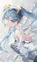 Rule 34 | 1girl, absurdres, ame929, blue eyes, blue hair, bone, dress, hair between eyes, hatsune miku, highres, long hair, looking at viewer, microphone, necktie, see-through, solo, twintails, vocaloid, white background