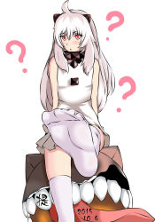 Rule 34 | 10s, 1girl, ?, abyssal ship, aged up, ahoge, dress, enemy aircraft (kancolle), feet, foot focus, highres, hisage nanji, horns, kantai collection, long hair, looking at viewer, mittens, northern ocean princess, pale skin, sitting, soles, thighhighs, white dress, white hair, white thighhighs, zettai ryouiki