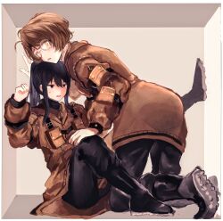 Rule 34 | 2boys, absurdres, arm up, black eyes, black hair, black pants, black sweater, boots, brown coat, brown hair, cleats, coat, commentary request, emma (project moon), glasses, hand on another&#039;s knee, highres, in container, kneeling, library of ruina, long hair, long sleeves, male focus, multiple boys, noah (project moon), open mouth, pants, pocket, ponytail, project moon, ribbed sweater, round eyewear, short hair, sidelocks, sweat, sweater, turtleneck, turtleneck sweater, y o u k a, yaoi, yellow eyes