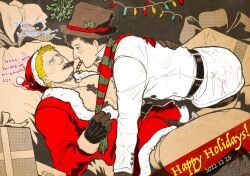 Rule 34 | 2boys, bara, bare pectorals, bertolt hoover, black gloves, black hair, blonde hair, butanezumi-chan, candy, candy cane, chocolate, christmas, couple, dated, english text, food, food in mouth, gloves, happy holidays, hat, jacket, large pectorals, lying, male focus, multiple boys, muscular, muscular male, nipples, on back, pectorals, reiner braun, santa costume, santa hat, scarf, scarf grab, shingeki no kyojin, short hair, white jacket, yaoi