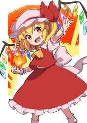 Rule 34 | 1girl, :d, ascot, blonde hair, crystal, fire, flandre scarlet, hat, hat ribbon, highres, looking at viewer, miz (mizillustration), mob cap, open mouth, outside border, pink hat, puffy short sleeves, puffy sleeves, red eyes, red ribbon, red skirt, red vest, ribbon, shirt, short hair, short sleeves, skirt, smile, solo, touhou, vest, white shirt, wings, wrist cuffs, yellow ascot
