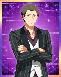 Rule 34 | 1boy, brown hair, buttons, collared shirt, crossed arms, fingernails, idolmaster, idolmaster side-m, idolmaster side-m growing stars, long sleeves, looking at viewer, male focus, official art, purple eyes, shingen seiji, shirt, smile, solo, v-shaped eyebrows