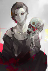 Rule 34 | 1boy, arm tattoo, black hair, black nails, black sclera, black shirt, blood, borrowed clothes, brown hair, collarbone, colored sclera, commentary request, earpiece, gradient background, grey background, hand tattoo, hand up, highres, holding, holding skull, kyuuba melo, lip piercing, looking at viewer, male focus, nail polish, neck tattoo, o-ring, piercing, red eyes, shirt, short hair, single bare shoulder, skull, tattoo, teeth print, tokyo ghoul, upper body, uta (tokyo ghoul)