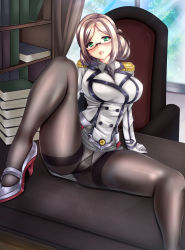 Rule 34 | 1girl, absurdres, arm support, black pantyhose, book, bookshelf, buttons, collared shirt, curtains, desk, double-breasted, epaulettes, folded ponytail, glasses, gloves, green eyes, high heels, highres, indoors, jacket, kantai collection, katori (kancolle), light brown hair, looking at viewer, military, military uniform, miniskirt, necktie, office, on desk, open mouth, panties, panties under pantyhose, pantyhose, pencil skirt, rimless eyewear, shirt, siki2046, sitting, on desk, skirt, solo, underwear, uniform, white gloves, window