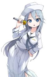 Rule 34 | 10s, 1girl, black neckerchief, blouse, commentary, cowboy shot, dixie cup hat, flint (girls und panzer), girls und panzer, grey eyes, grey hair, hair between eyes, hand on own hip, hat, highres, holding, holding microphone, leaning to the side, long hair, long skirt, long sleeves, looking at viewer, magenta (atyana), microphone, military hat, neckerchief, ooarai naval school uniform, open mouth, pinky out, pleated skirt, sailor, sailor collar, school uniform, shirt, side slit, simple background, skirt, standing, white background, white hat, white shirt, white skirt, white theme